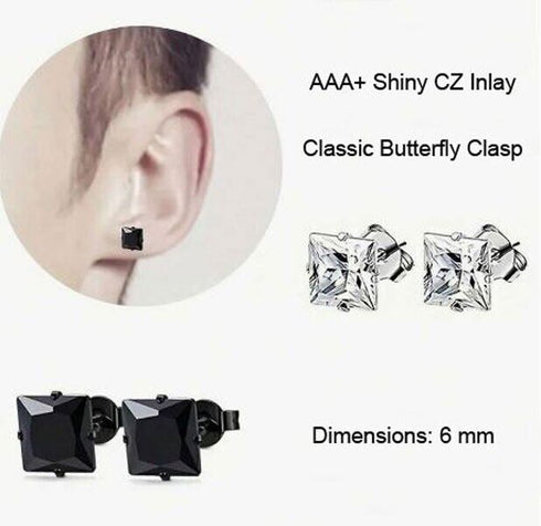 2 Pairs of 316L Surgical-Steel Black & Silver Square CZ Men Women Stud Earrings